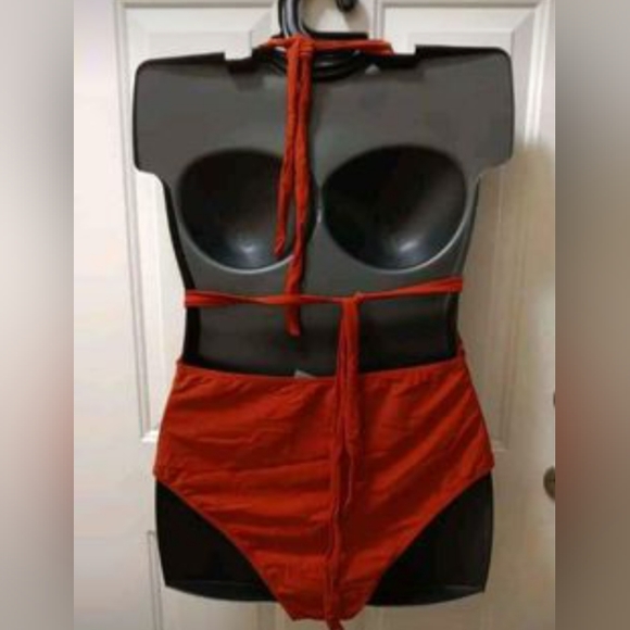 SHEIN 2XL brown fringe trim cut out tie back halter one piece swimsuit - Picture 2 of 11